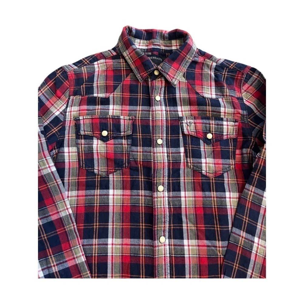 True Religion Plaid Pearl Snap With Pocket Logo & Large Graphic Youth Large Shrt